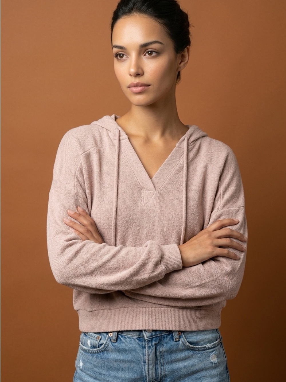 URBAN Romantics Dusty Rose V-Neck Hoodie Sweater